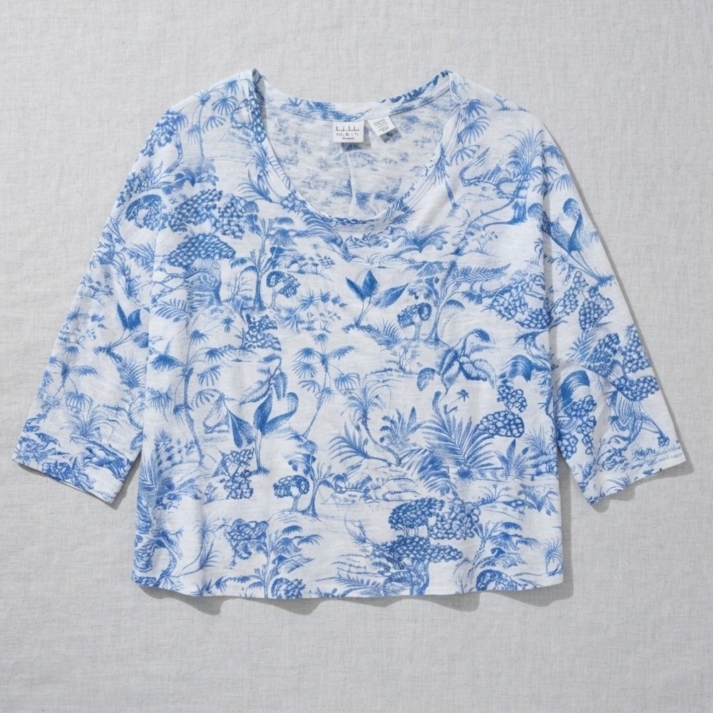 Nicole Miller 100% linen top 2x Toile de jouy Print Blue White coastal